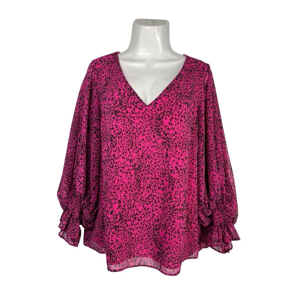 Vince Camuto M Blouse Pink Leopard Ballon Sleeve Sheer Lined Women Career Top